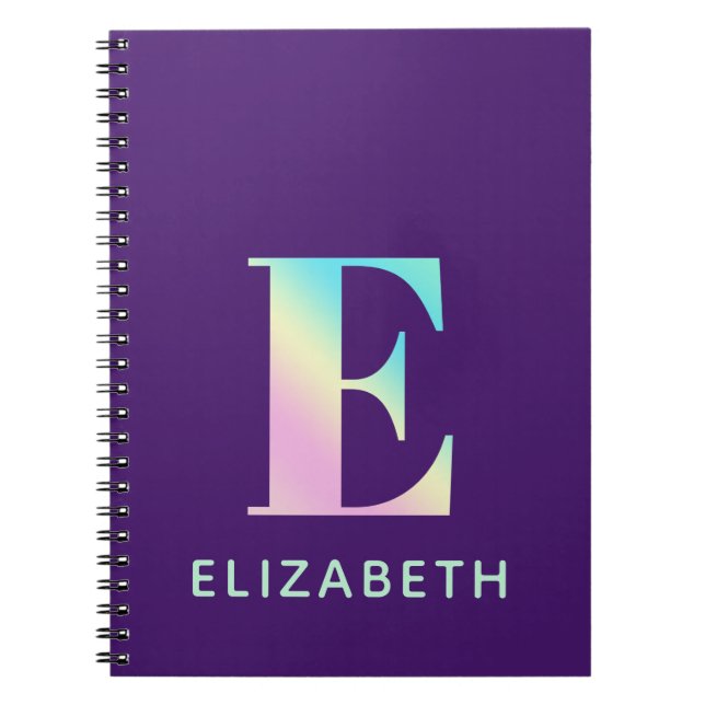 Initial Letter E Rainbow Personalised Purple Notebook (Front)