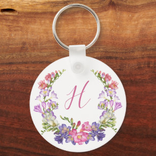 Initial Letter Floral Wreath Metal Custom Keychain