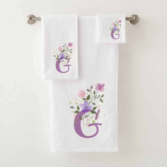 Initial Letter G Plus Floral Design Bath Towel Set (Insitu)