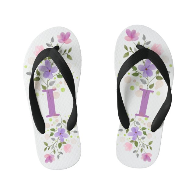 Initial Letter I Plus Floral Design Kid's Flip Flops (Footbed)