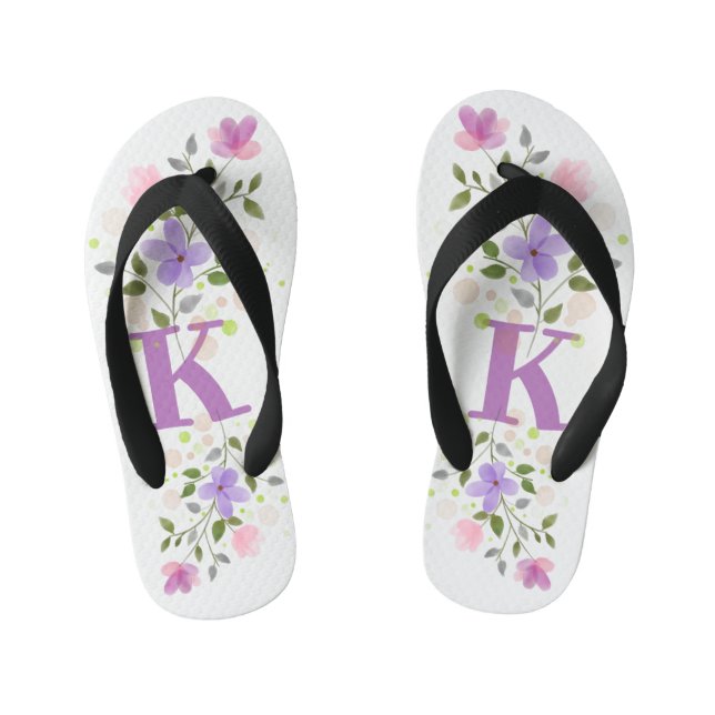 Initial Letter K Plus Floral Design Kid's Flip Flops (Footbed)