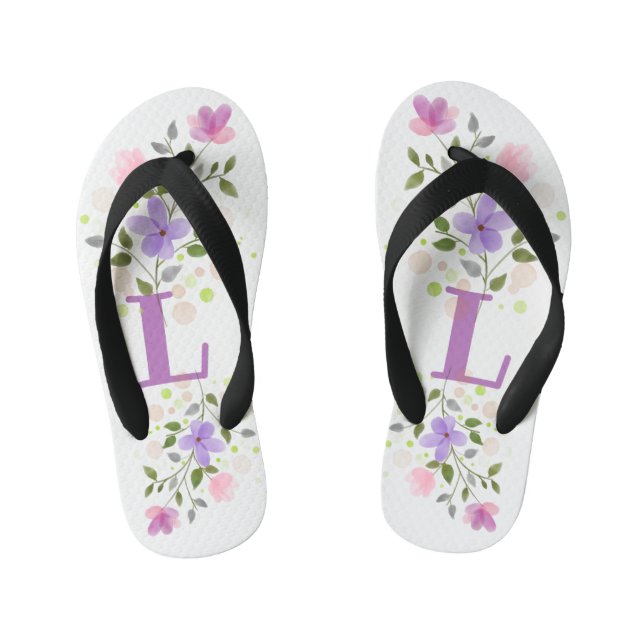 Initial Letter L Plus Floral Design Kid's Flip Flops (Footbed)