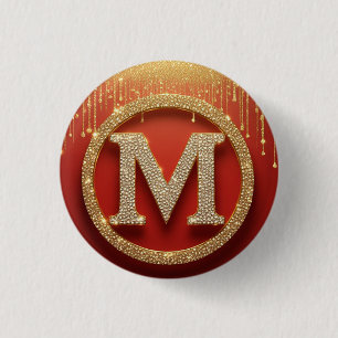 Initial Letter M Gold Glitter Monogram 3 Cm Round Badge