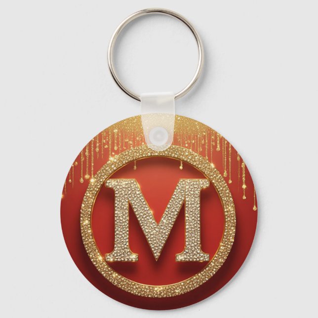Initial Letter M Gold Glitter Monogram Key Ring (Front)