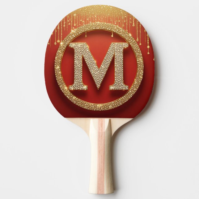 Initial Letter M Gold Glitter Monogram Ping Pong Paddle (Front)