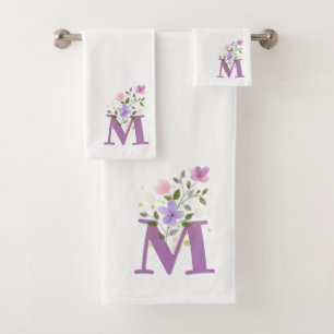 Initial Letter M Plus Floral Design Bath Towel Set