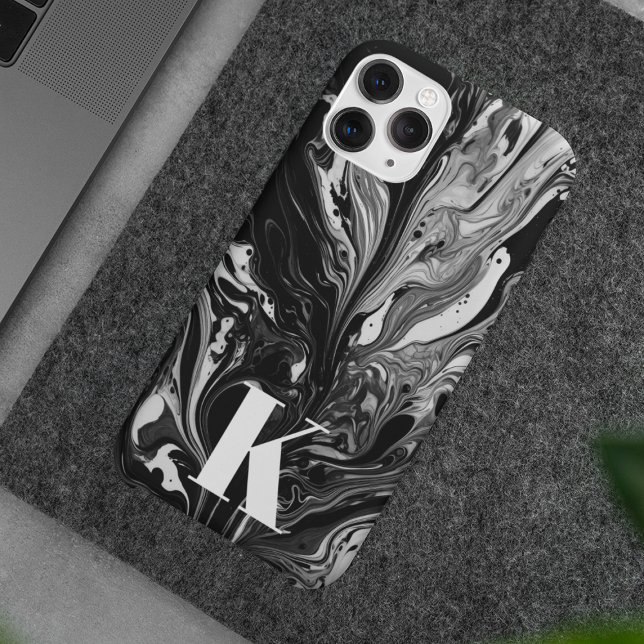 Initial Letter Monogram Black White Ink Marble Case-Mate iPhone Case (Creator Uploaded)