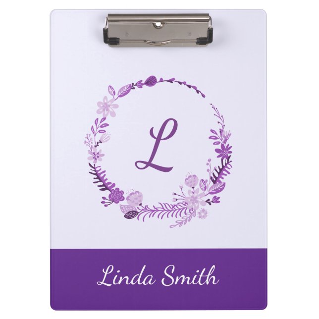 Initial Letter Monogram Elegant Chic Purple Floral Clipboard (Front)