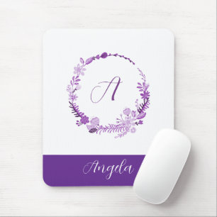 Initial Letter Monogram Elegant Chic Purple Floral Mouse Mat
