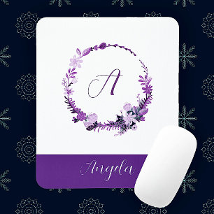 Initial Letter Monogram Elegant Chic Purple Floral Mouse Mat