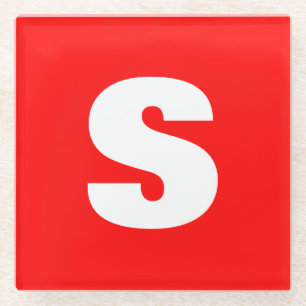 Initial Letter Monogram Modern Style Red White Glass Coaster