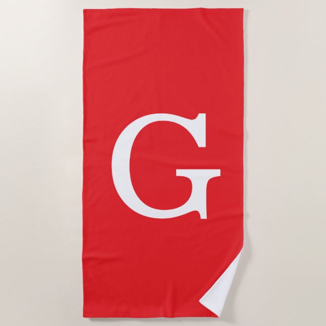 Initial Letter Monogram Red White Plain Simple Beach Towel (Front)
