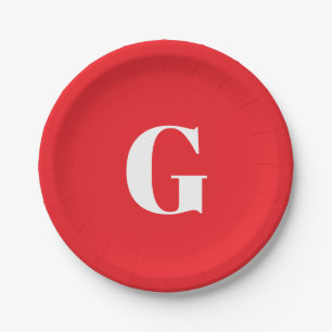Initial Letter Monogram Red White Plain Simple Paper Plate