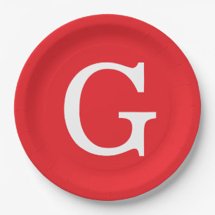 Initial Letter Monogram Red White Plain Simple Paper Plate