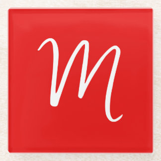 Initial Letter Monogram Stylish Red White Glass Coaster