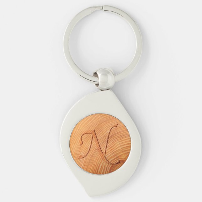 Initial Letter N Faux Distressed Carved Wood Print Key Ring (Front)