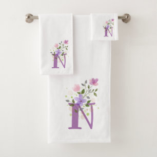 Initial Letter N Plus Floral Design Bath Towel Set