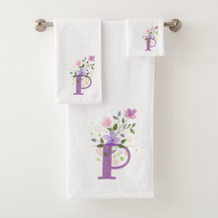 Initial Letter P Plus Floral Design Bath Towel Set