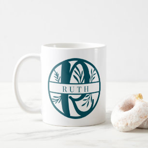 Initial Letter R   Teal Floral Split Monogram Coffee Mug