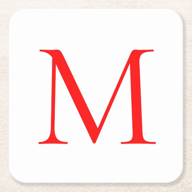 Initial letter red white monogrammed professional square paper coaster (Front)