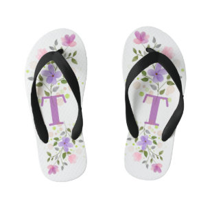 Initial Letter T Plus Floral Design Kid's Flip Flops