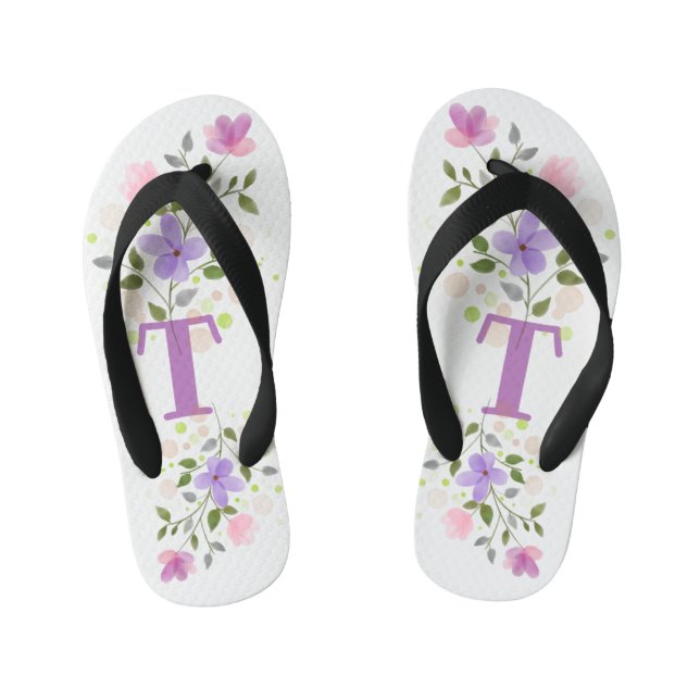 Initial Letter T Plus Floral Design Kid's Flip Flops (Footbed)