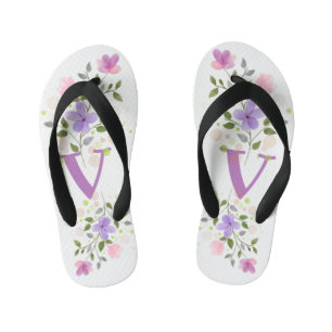 Initial Letter V Plus Floral Design Kid's Flip Flops