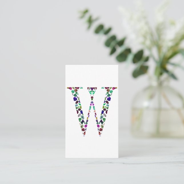 Initial Letter W Gemstone Design Business Card (Standing Front)