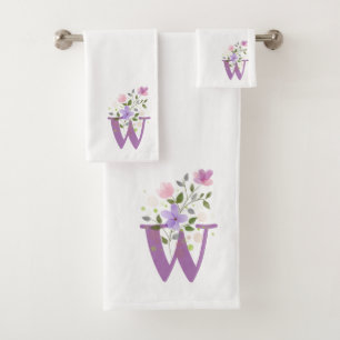 Initial Letter W Plus Floral Design Bath Towel Set