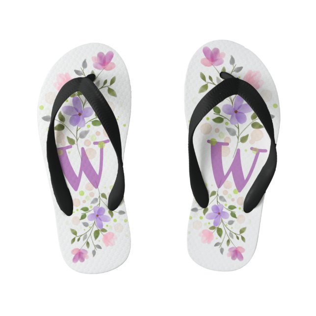 Initial Letter W Plus Floral Design Kid's Flip Flops (Footbed)