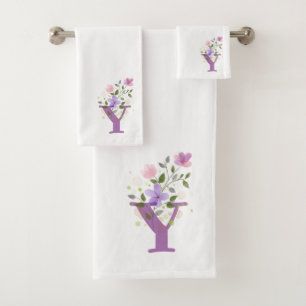 Initial Letter Y Plus Floral Design Bath Towel Set
