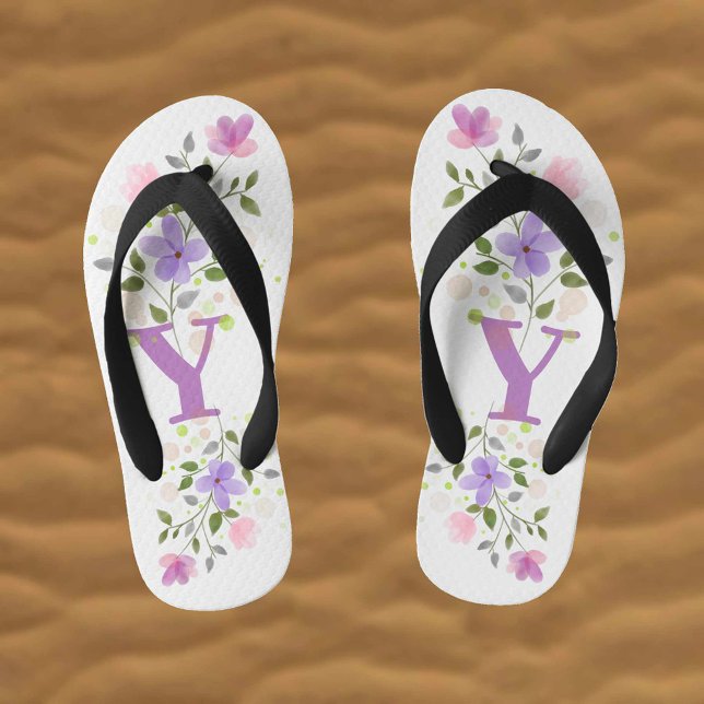 Initial Letter Y Plus Floral Design Kid's Flip Flops (Creator Uploaded)
