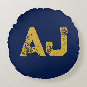 Initial Letters Monogram Gold & Blue Plain Simple Round Cushion