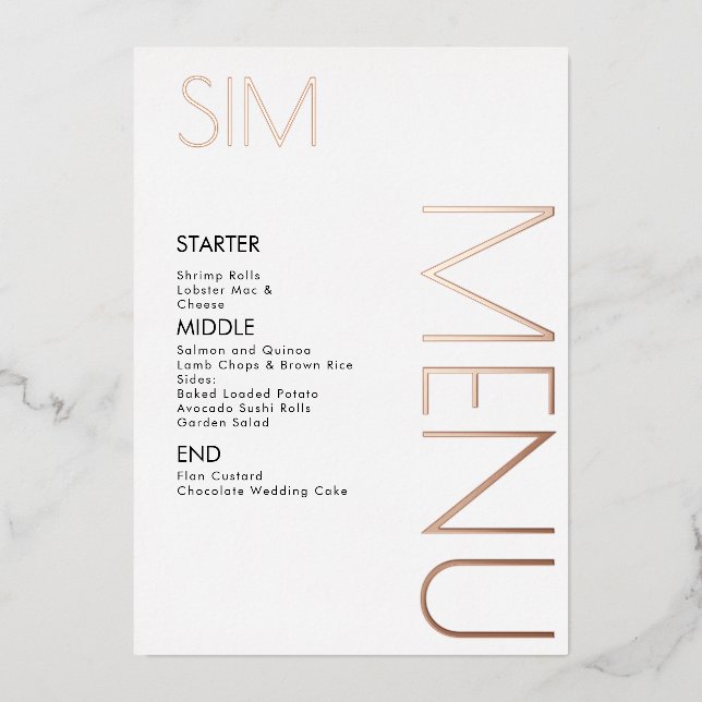 Initial Logo Wedding Pressed Rose Gold Menu Cards (Front)