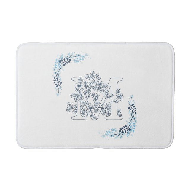 Initial "M" Blue Monogram Calm Floral Bath Mat (Front)