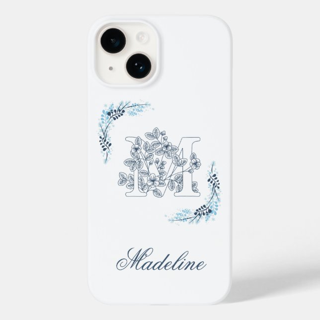 Initial "M" Blue Monogram Calm Floral Case-Mate iPhone Case (Back)