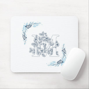 Initial "M" Blue Monogram Calm Floral Mouse Mat