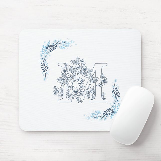 Initial "M" Blue Monogram Calm Floral Mouse Mat (With Mouse)