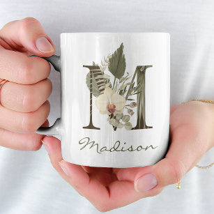 Initial M Boho Floral Orchid Greenery Custom Name Coffee Mug