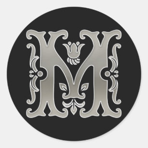 Initial M Round Sticker in silver
