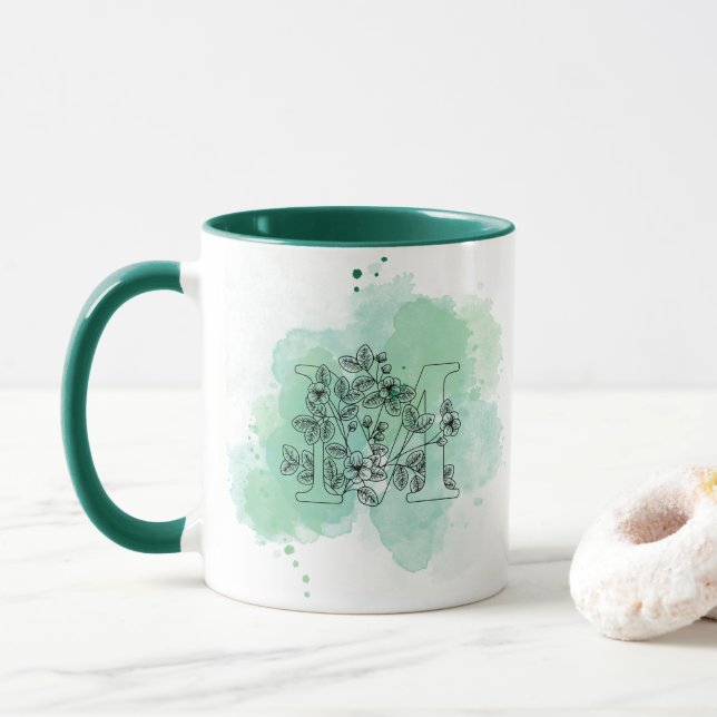 Initial M Watercolor Monogram Green Botanical  Mug (With Donut)