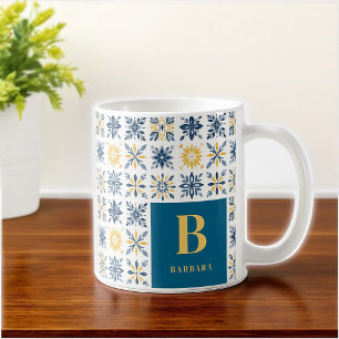 Initial Mediterranean Floral Tile-Style Pattern  Coffee Mug