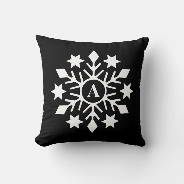 Initial Modern Black White Christmas Snowflake Cushion (Front)