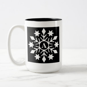 Initial Modern Black White Christmas Snowflakes Two-Tone Coffee Mug