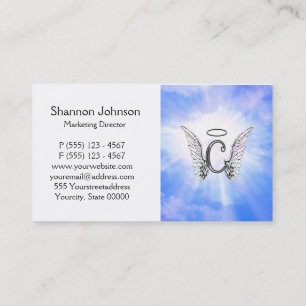 Initial Monogram C With Angel Wings, Halo Clouds Business Card