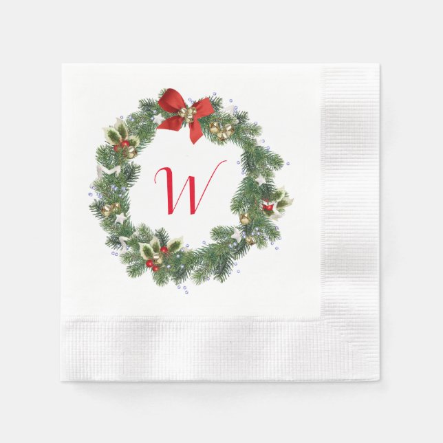 Initial Monogram Christmas Wreath Cocktail Napkins (Front)