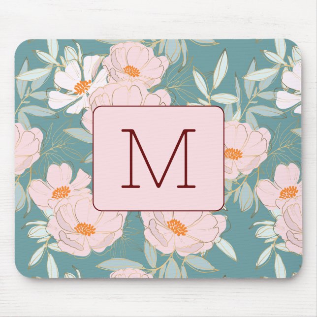 Initial monogram Elegant colourful floral Blue Pin Mouse Mat (Front)