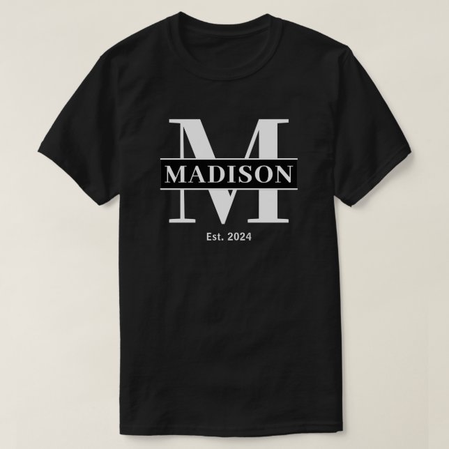 Initial Monogram Family Name Custom Black & White T-Shirt (Design Front)