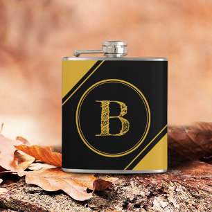 Initial Monogram Geometric Diagonal Black Gold Hip Flask