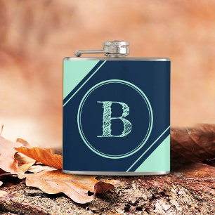 Initial Monogram Geometric Diagonal Blue Mint Hip Flask